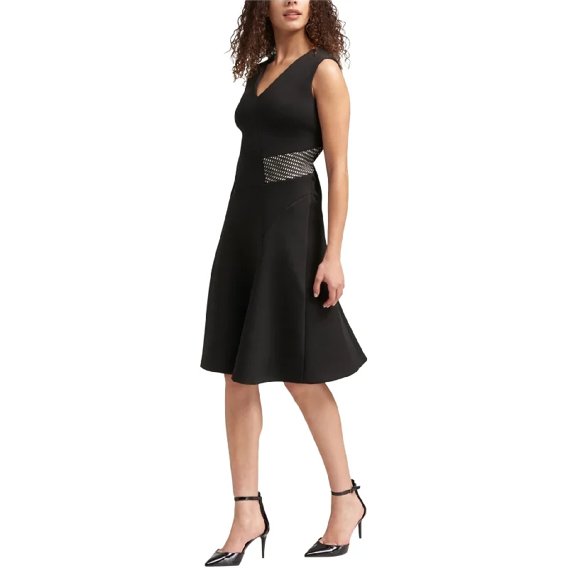 Classic Series DKNY Womens Mesh V Neck Fit & Flare Dress, Black, Large