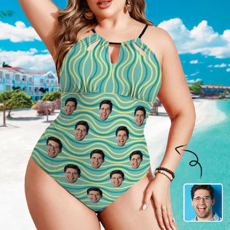 Casual Elegance Custom Face Green Swimsuit Personalized Women's One Piece Backless Tie Swimsuit Face Bathing Suit