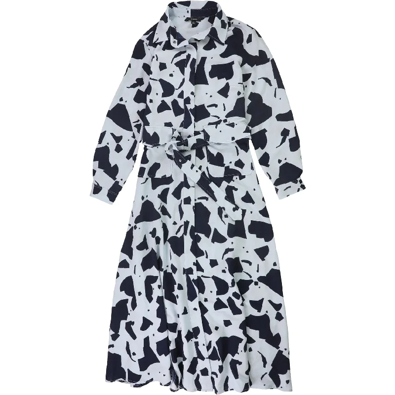 Cozy Pants Alfani Womens Geometric Print Belted A-line Shirt Dress, Blue, Small