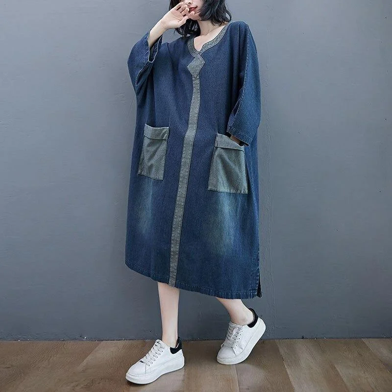 Fashion Classic Oversized Women Casual Denim Dresses New 2020 Autumn Vintage Style V-neckLong Dress