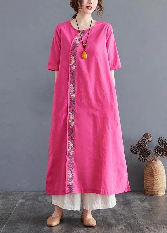 Comfortable Fashion Organic Rose side open Cotton Linen Summer Vacation Dresses