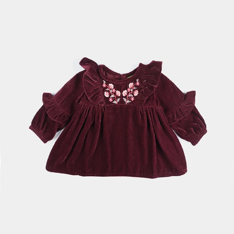 Chic Lounge Infant Girls Velvet Emb Top Ruffles And Flowers-MAROON