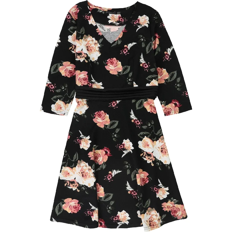 Cozy Chic Homeyee Womens V-Neck Floral Print A-line Dress, Black, 10