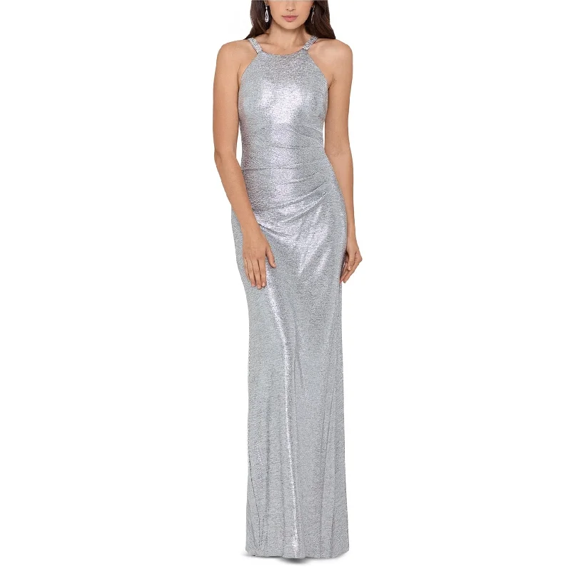 Casual Chic Betsy & Adam Womens Metallic Halter Gown Sheath Dress, Metallic, 14