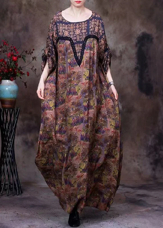 Noble Temperament Plus Size Coffee O-Neck Lace Patchwork Print Silk Long Dresses Long Sleeve