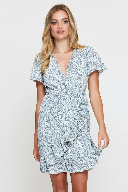 Ultra-lightweight Print Wrap Dress Short Sleeve V Neck