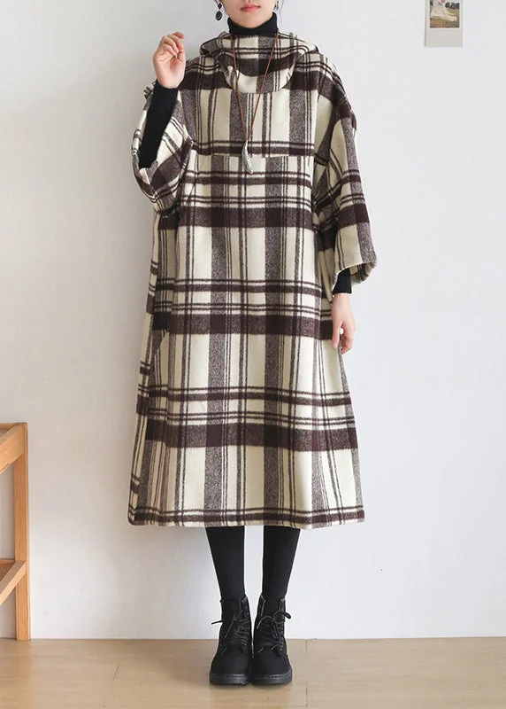 Trendy Items Organic Coffee White Colour Plaid Pockets Cotton Maxi Hooded Dresses Long Sleeve
