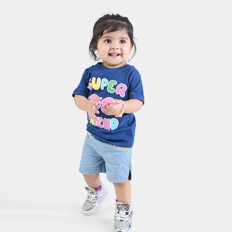 Street Style Infant Girls Cotton Jersey T-Shirt Super Good Friend-Navy Peony