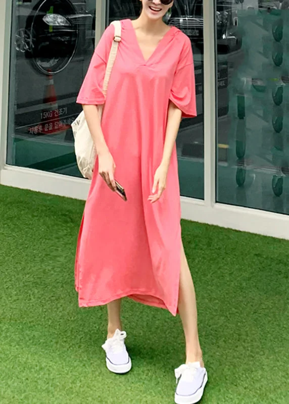 Romantic Data Pink V Neck Side Open Cotton Hooded Long Dresses Short Sleeve