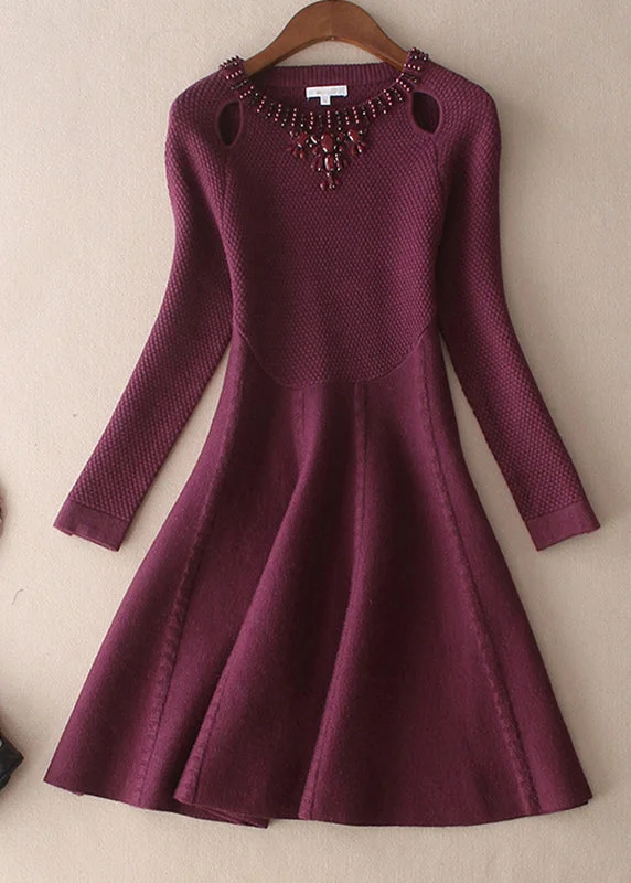 Noble And Elegant Plus Size Mulberry O-Neck slim fit Woolen Dresses Spring