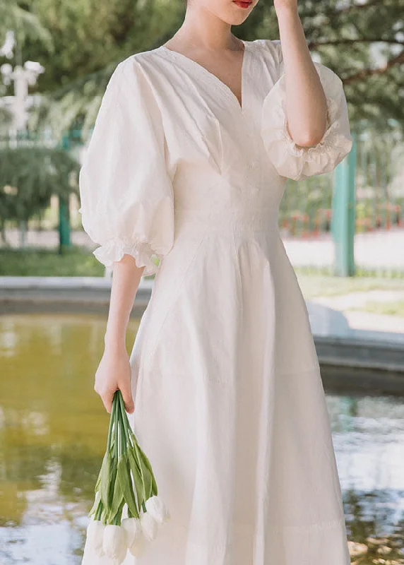 Versatile Items Plus Size White V Neck lantern sleeve Ruffles Maxi Dresses