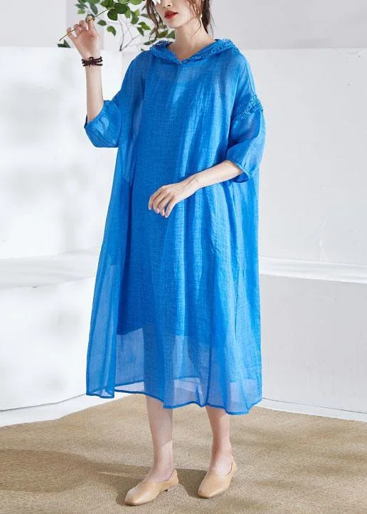 Elegant Series Organic Blue Ruffled Patchwork Summer Ramie Maxi Dresses Half Sleeve
