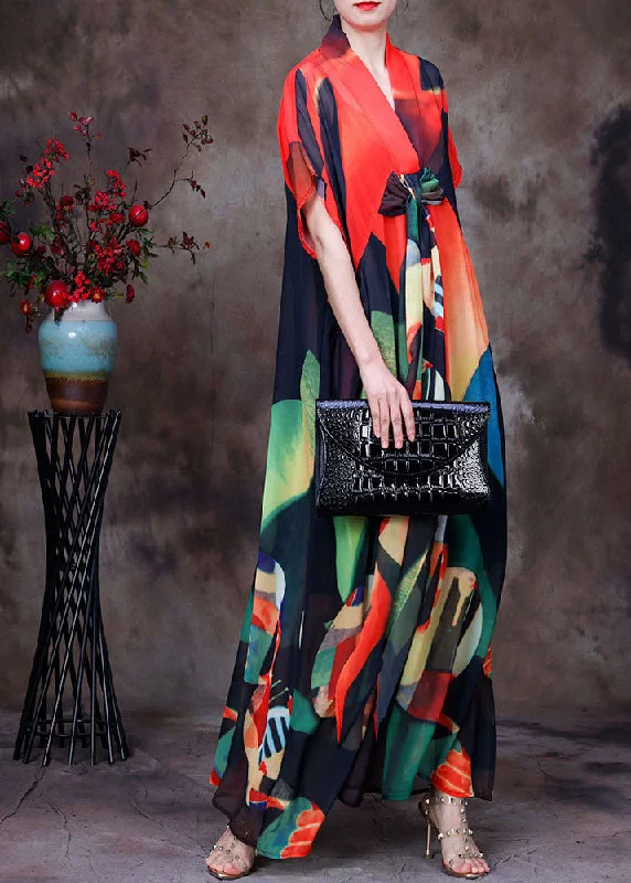 Classic Series Orange Print Chiffon Maxi Dresses Asymmetrical Extra Large Hem Short Sleeve