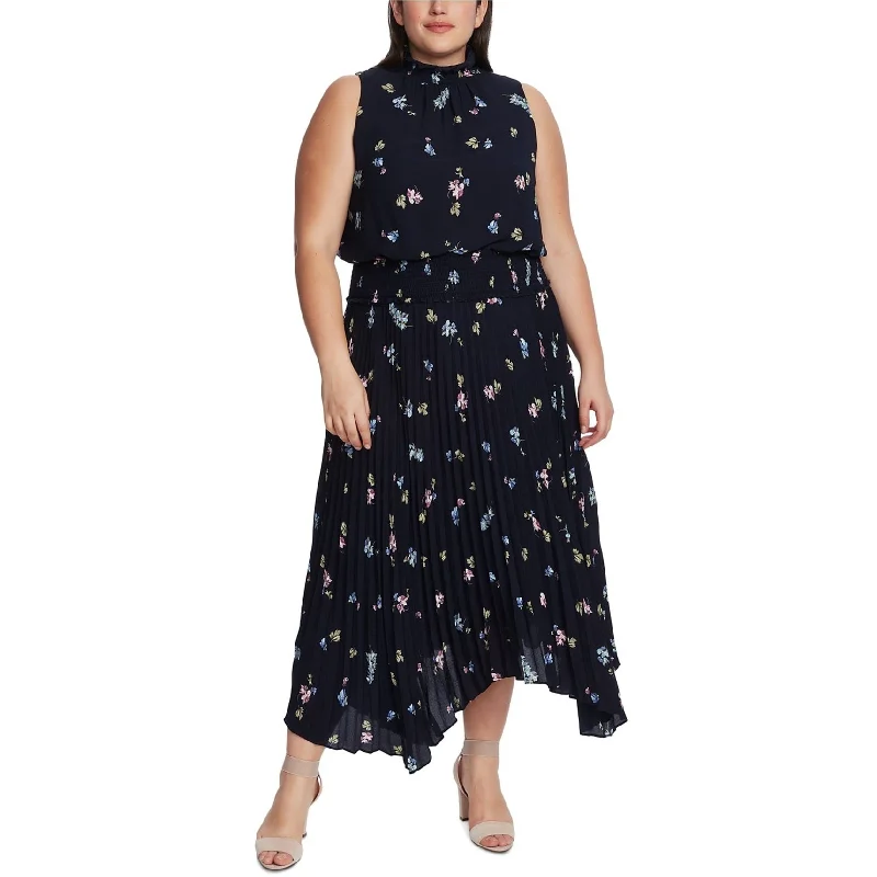 Warm Wear Vince Camuto Womens Romantic Buds Asymmetrical Pleated Dress, Blue, 18W