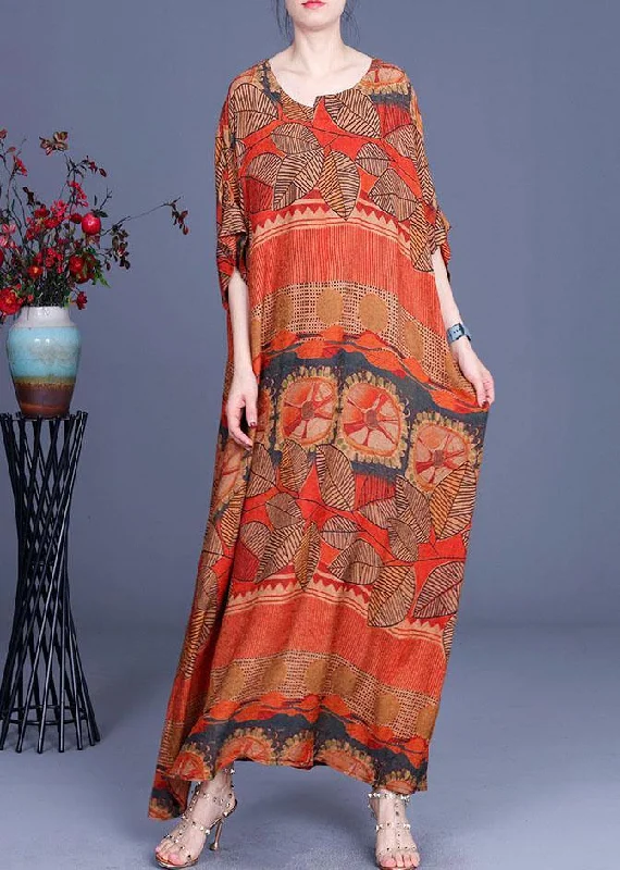 Modern Chic Natural Orange Print O-Neck Asymmetrical Design Summer Silk Maxi Dresses
