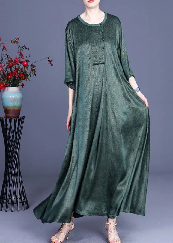 Soft Looks Natural Green Vintage Asymmetrical Button Summer Silk Summer Dresses