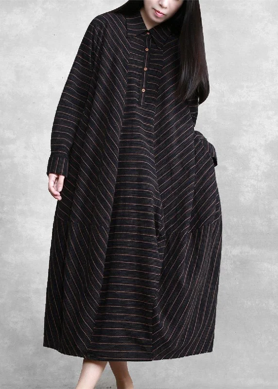 Elegant Classic Natural Black Striped Linen Dresses Spring Gown