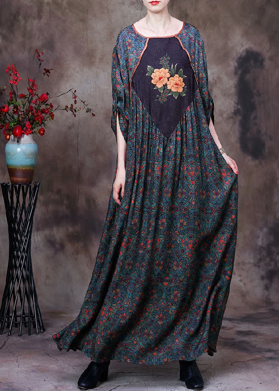 Free and comfortable Plus Size Green O-Neck Patchwork Print Exra Large Hem Silk Maxi Dresses Long Sleeve