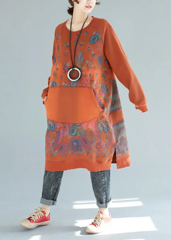 Sports Trend Organic Orange Pockets Patchwork Print Cotton Dresses Spring