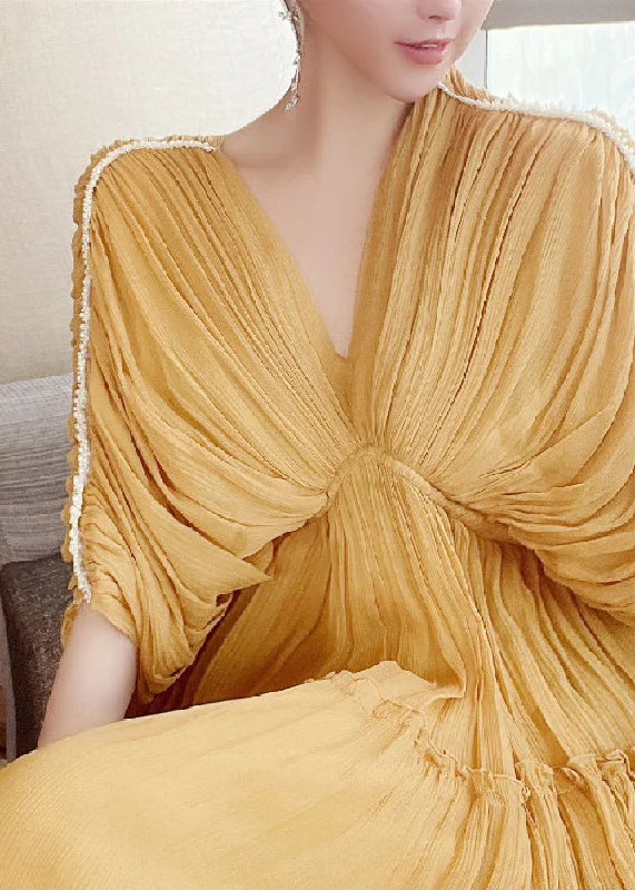 Soft Style Modern Yellow V Neck Ruffled Wrinkled Silk Long Dresses Short Sleeve