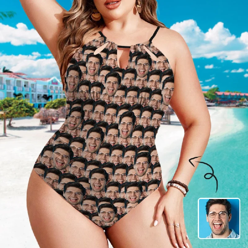 Leisure Sports Custom Face All Swimsuit Personalized Women's One Piece Backless Tie Swimsuit Face Bathing Suit