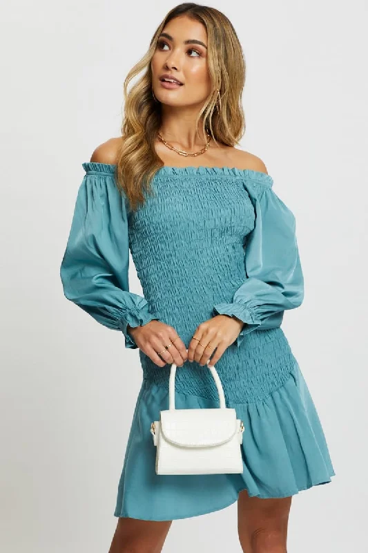 Knitted Design Blue Designer Shirred Of The Shoulder Ruffle Dress