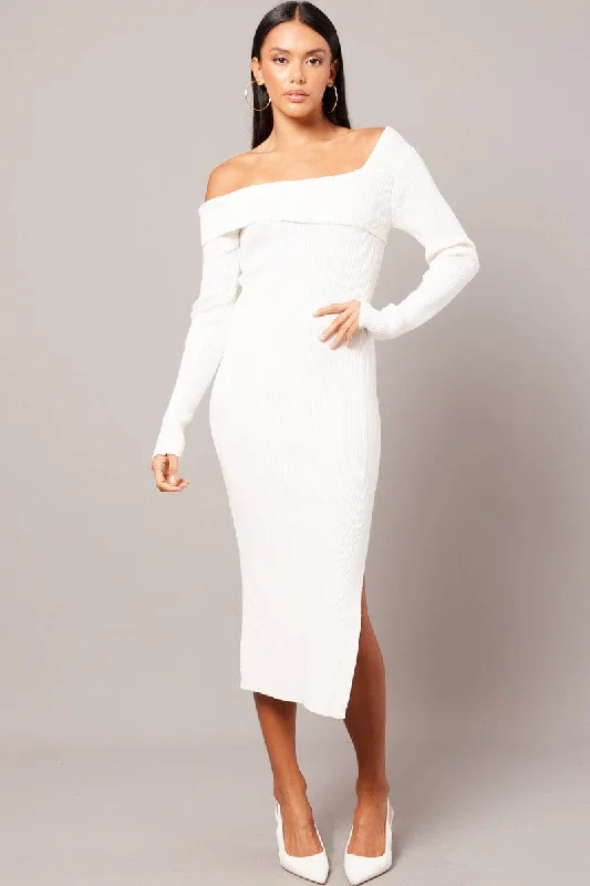 Luxe Comfort White Knit Dress Long Sleeve