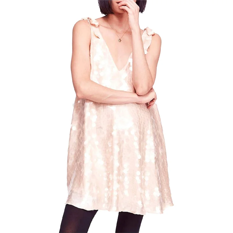 Street Show-off Style Free People Womens Glitter Disc Sequin Flounce Dress, Beige, X-Small