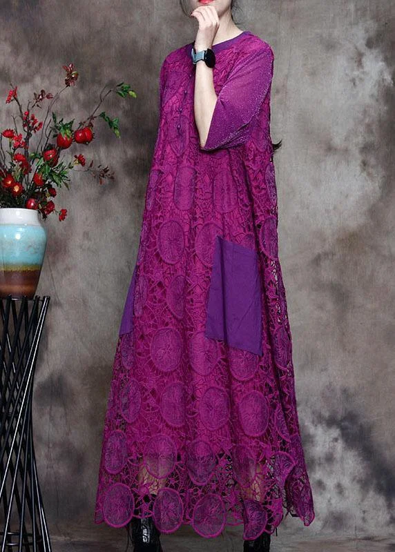 Elegant Temperament Plus Size Purple Lace Pockets side open Fall Long sleeve Dresses