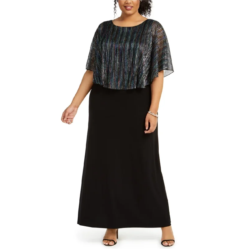 Fashion Concept Connected Apparel Womens Metallic-Stripe Capelet Gown Dress, Black, 14W