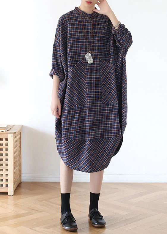 Avant-garde Design Plus Size Blue Plaid Cotton long shirt Button Spring Long Dresses