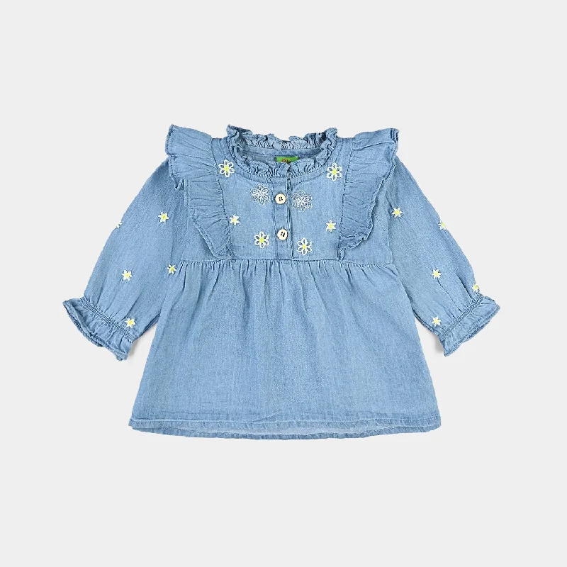 Classic Style Infant Girls Tensile Denim (Light Denim) Emb Top Daisy Flowers-Blue