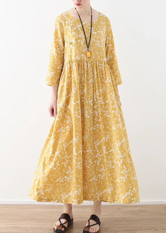 Elegant Wear Original Yellow O-Neck Wrinkled Print Loose Dresses Three Quarter sleeve