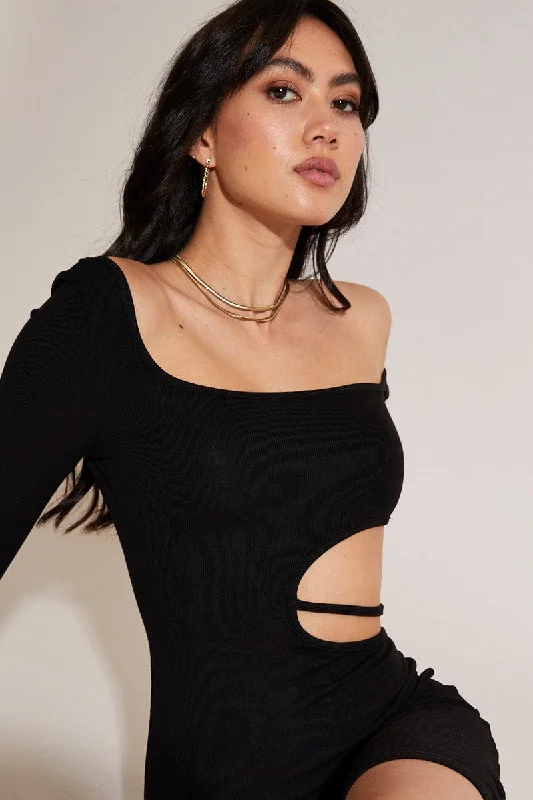 Sports Series Black Bodycon Dress Long Sleeve