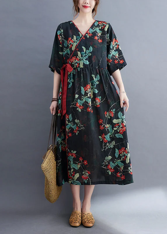 Fresh Comfort Navy Patchwork Linen holiday Dresses Tie Waist Short Sleeve