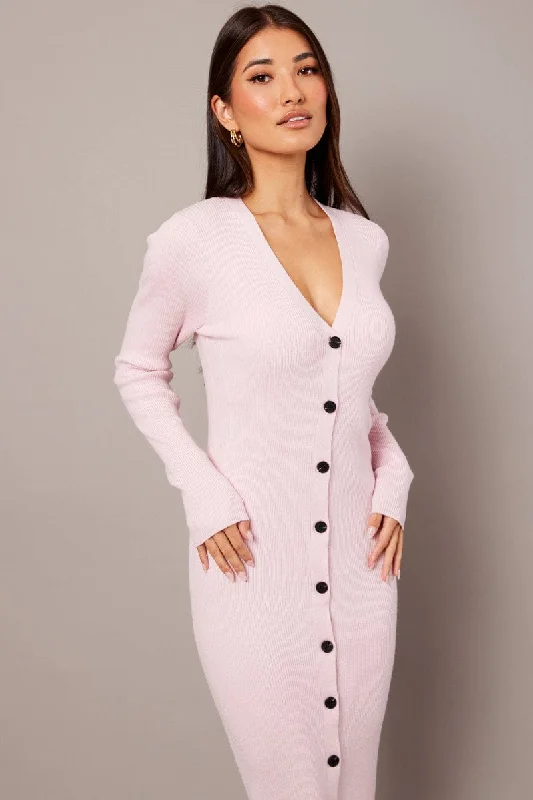 Cozy Outfit Pink Knit Dress Long Sleeve Button Front