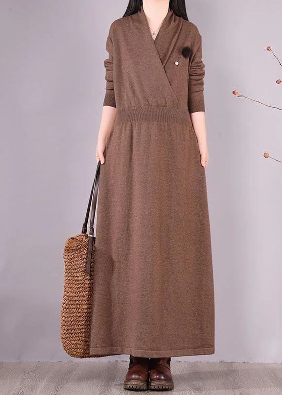 Casual Wear Organic Chocolate Clothes V Neck Asymmetric Vestidos De Lino Spring Dresses