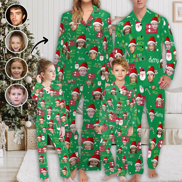 Fashionable Ease Custom Face Christmas Ho!Ho! Sleepwear Personalized Family Matching Long Sleeve Pajamas Set