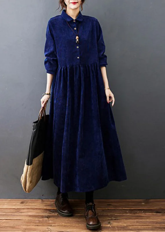 Dynamic Fashion Plus Size Blue Peter Pan Collar wrinkled Corduroy Vacation Dresses Long Sleeve