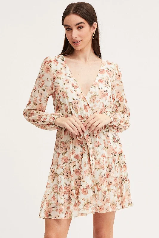 Independent design Print Mini Dress Long Sleeve V Neck