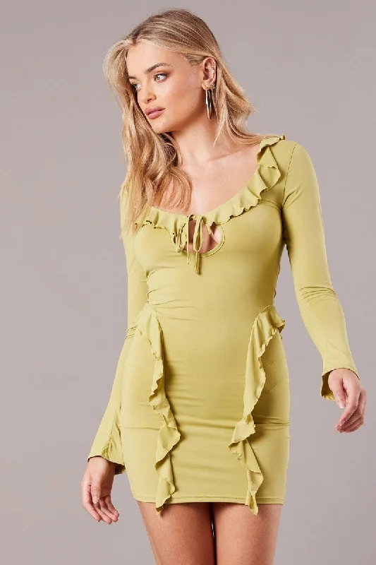 Personality Publicity Green Ruffle Mini Dress Bell Cuff Bodycon Dress