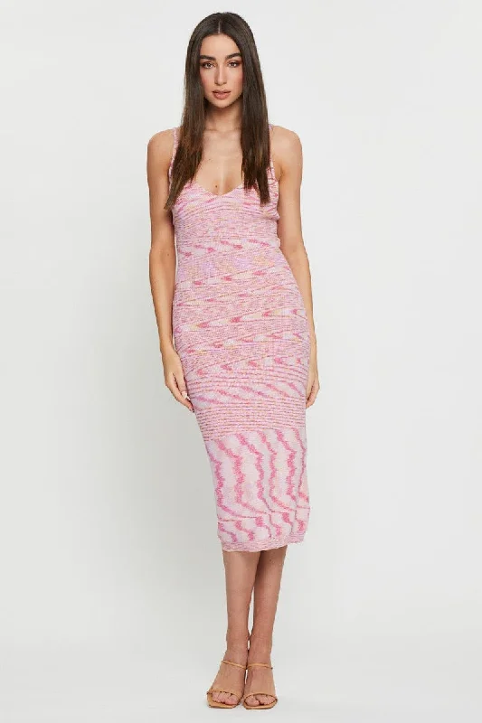 Stunning Fashion Pink Knit Dress Midi