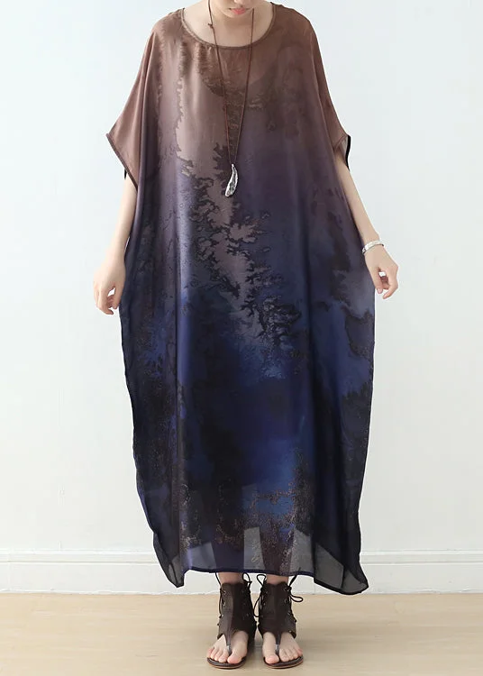 Warm Winter Series Plus Size Blue Gradient Color O-Neck Draping Print Silk Long Dresses Short Sleeve
