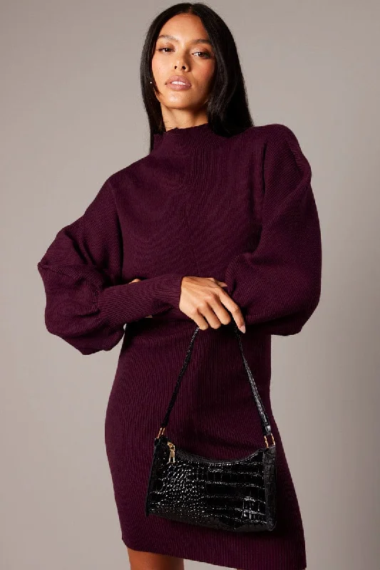 Easy Chic Red Knit Dress Long Sleeve Mini