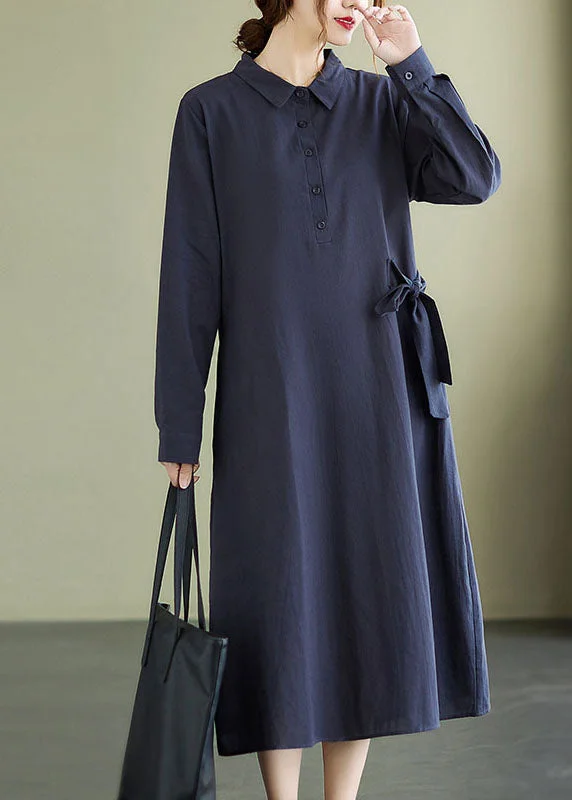 Cozy Layers Navy Button Pockets Cotton Long Dresses Spring