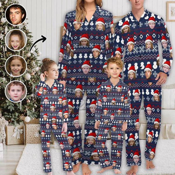 Simple Style Custom Face Christmas Blue Sleepwear Personalized Family Matching Long Sleeve Pajamas Set Simple Style Custom Face Christmas Blue Sleepwear Personalized Family Matching Long Sleeve Pajamas Set