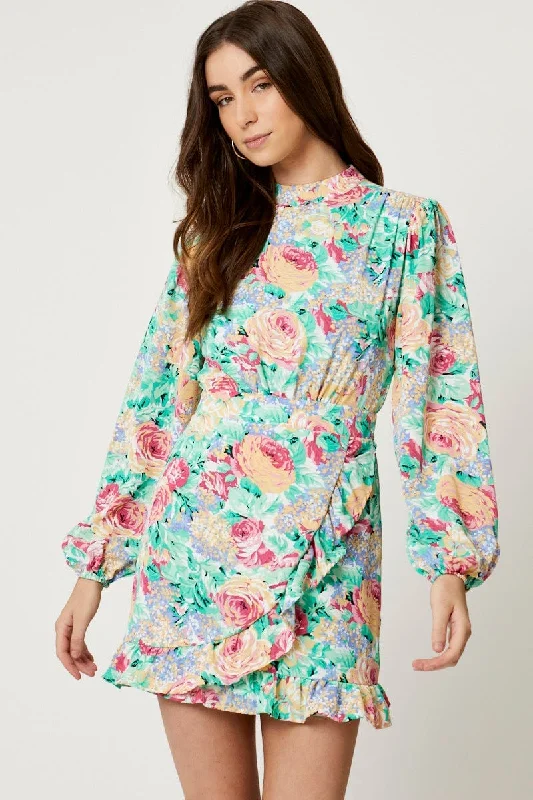 Fashionable And Versatile Print High Neck Wrap Skirt Dress