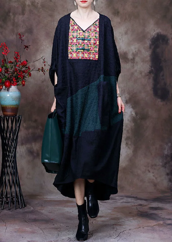 Round neck design Plus Size Black V Neck Embroideried Patchwork Wrinkled Silk Dresses Long Sleeve