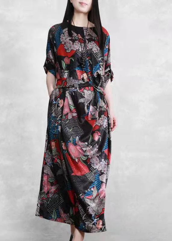 New Products Organic Black Print Robe Silk Dresses Patchwork