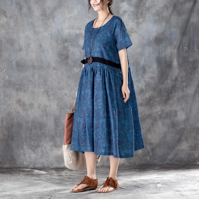 Elegant Design Printed Lacing Short Sleeve Dresses Blue Pleated Dress